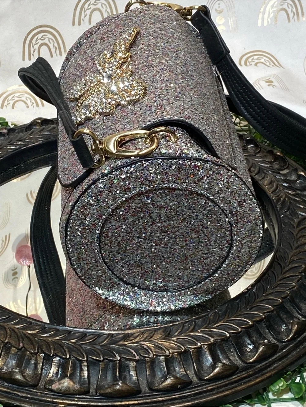 Silver Glitter Bow Crossbody Bag with Black Strap